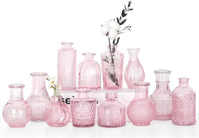 Mini Bud Vases Centerpieces for Tables,Clear Bud Vases for Flowers,Small Flower Vases Suitable for Birthday Party,Anniversary,Wedding Reception,Baby Shower (Pink, 12PCS)