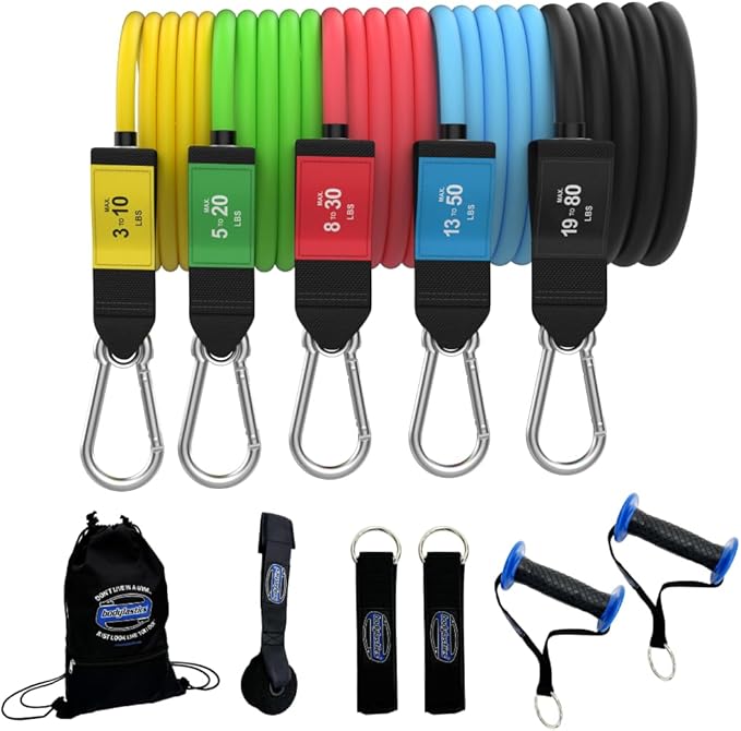 Bodylastics Patented Basic Series Resistance Band Set - 5 Resistance Bands with Snap Reduction Tech, 2 Handles, 2 Ankle Straps, 1 Door Anchor & 1 Carry Bag