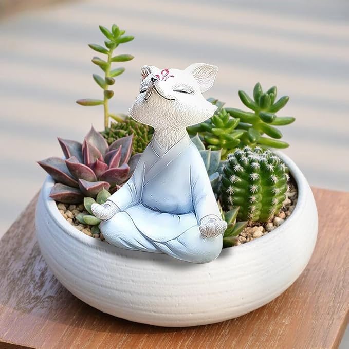 ‌Serene Zen Resin Buddha White Fox Statue - Zen Yoga Figurine & Meditation Sculpture for Office Desk, Bookshelf, Home Decor & Garden. Feng Shui Statue for Women, Plants & Yoga Lovers.