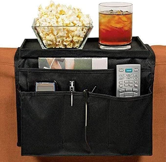Sofa Armrest Organizer, Couch TV Remote Storage Organizer with Pockets for Recliner Armchair Snacks Glasses Smartphone Magazines Pouch (Grey+Grey)
