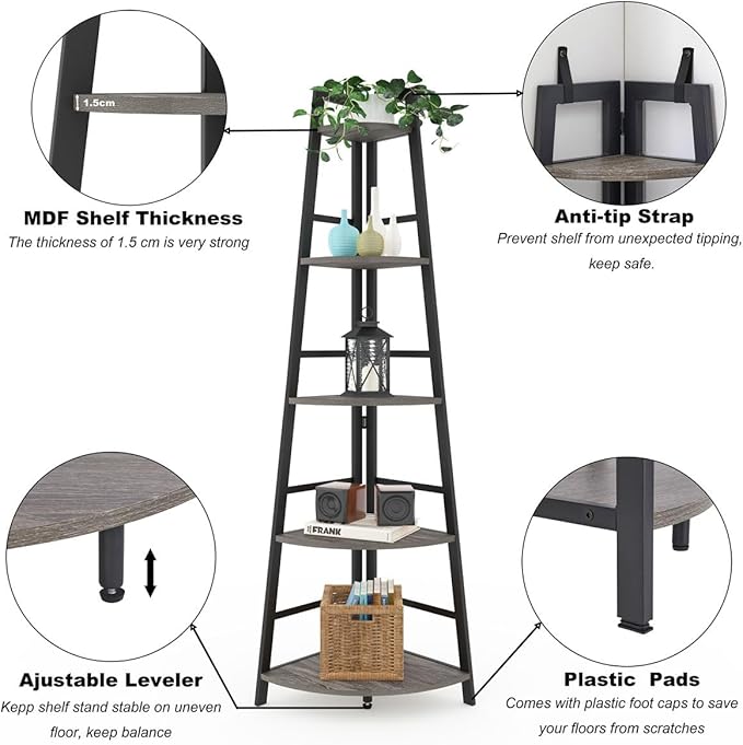 BON AUGURE Rustic Tall Corner Bookshelf, 5 Tier Wood and Black Metal Corner Ladder Shelf, Industrial Corner Bookcase and Gray Corner Shelf for Living Room, Bathroom, Kitchen (Dark Gray Oak)