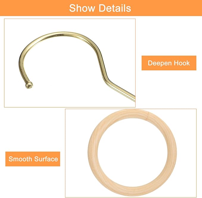uxcell 4.7 Inch Scarf Ring Hanger, Scarf Organizer Holder Wooden Circle Rings Hanging Hook for Belt Tie Scarf, 10cm Length Hook (Gold)
