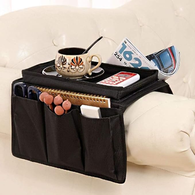 Sofa Armrest Organizer, Couch TV Remote Storage Organizer with Pockets for Recliner Armchair Snacks Glasses Smartphone Magazines Pouch (Black+Black)