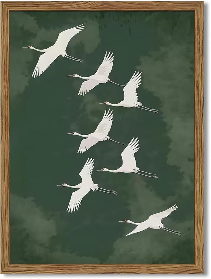 Framed Japanese Flying Cranes Wall Art, Vintage Bird Pictures Wall Decor Paintings, Rustic Nature Animal Canvas Prints Minimalist Home Decor for Living Room Bedroom Office 16x24 inch