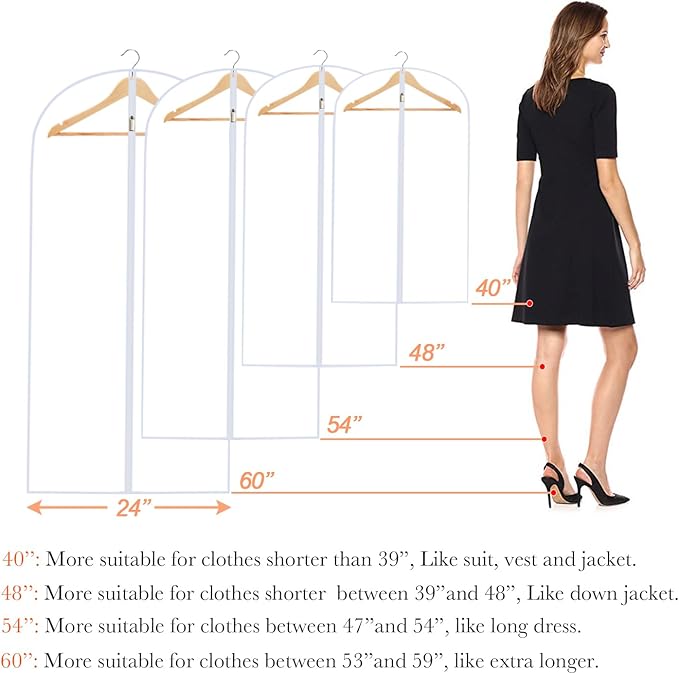 Clear Garment Bags (24'' x 48'' Set of 6) Clothes Covers for Closet Storage Closet Cover for Open Closet Hanging Clothes Travel Bag Clothes Bags with Zipper Gown Garment Bag for Long Dresses