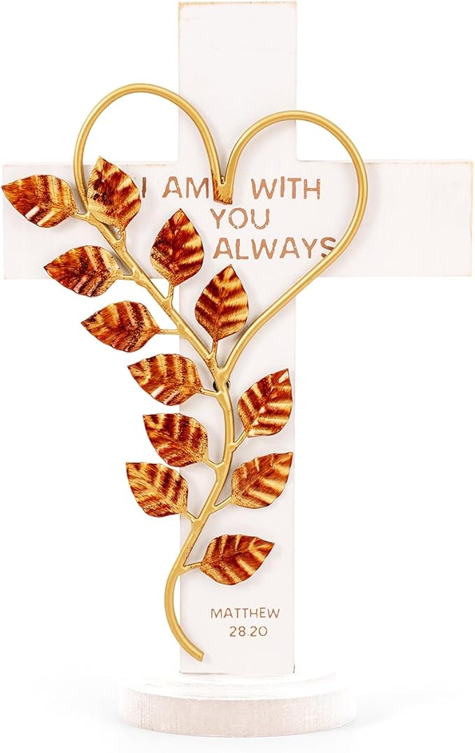 Wooden Wall Cross with Iron Heart Leaf Decorated with Hook and Base Hanging Wall Or Table Cross with Matthew 28:20 For Church Home Room Decoration (White)