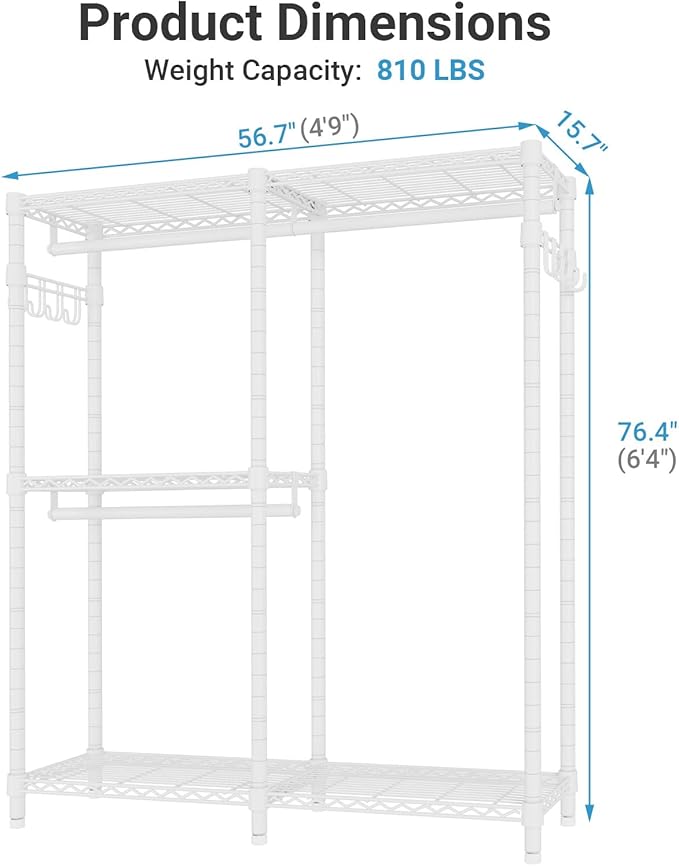 VIPEK V4 Garment Rack for Hanging Clothes, Portable Wardrobe Freestanding Closet Organizer, Heavy Duty Clothes Rack Metal Clothing Rack with 3 Hanging Rods & 2 Side Hooks, Max Load 810lbs, White