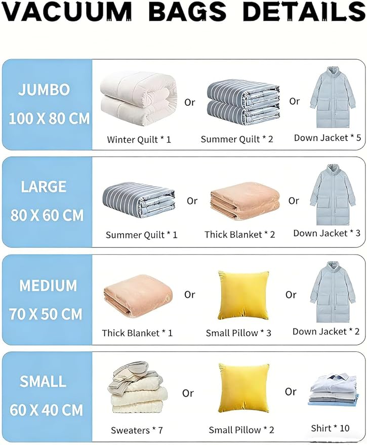Vacuum Bags for Travel with Pump,8 Pack Vacuum Storage Bags for Bedding and Clothing,Space Saver Bags for Travel and Home(with Hand Pump, Medium 50 * 70)