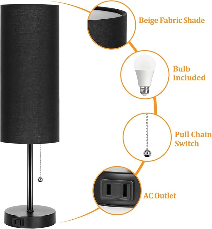 Dott Arts 18" Table Lamp for Bedroom, 3-Color Bedside Lamps with Pull Chain, Bedroom Table Lamps for Nightstand,AC Outlet Small Lamp for Living Room, Bulb Included Black
