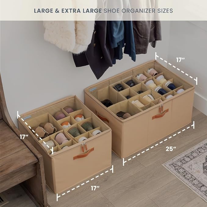 OrganiHaus Large Shoe Storage Bin for Closet, Shoe Organizer Box Fits up to 16 Pairs, Collapsible Fabric Shoe Basket w/Clear Cover, Adjustable Dividers & Reinforced Handles, Brown