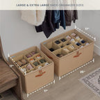 OrganiHaus Large Shoe Storage Bin for Closet, Shoe Organizer Box Fits up to 16 Pairs, Collapsible Fabric Shoe Basket w/Clear Cover, Adjustable Dividers & Reinforced Handles, Brown