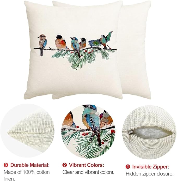 RABUSOFA Christmas Pillow Covers 20x20 Inch Birds Winter Decorations Christmas Throw Pillow Cases Xmas Outdoor Birds Decor Decorative Pillows for Couch Holiday Teal