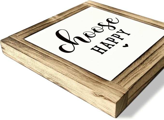 Positive Decor Signs, Happy Mindset Wood Sign, Decorative Wooden Box Signs, Farmhouse Desk Decor, Inspirational Home Office Decors, Housewarming Gift, Choose Happy Sign, 5.9×5.9 inches