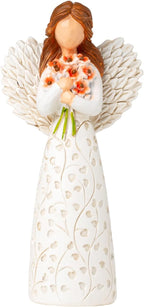 Hand-Painted Angel Figurine with Red Poppy, Remembrance Symbol & Tree of Life Design - Meaningful Gift for Memorial, Hope & Renewal. Angel Statue with Leaf Pattern Dress