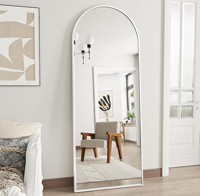 Prywot Arched Floor Mirror, 58" x 18" Full Length Wall Mirror Hanging or Leaning Arched-Top Full Body Mirror with Stand for Bedroom, Dressing Room, White