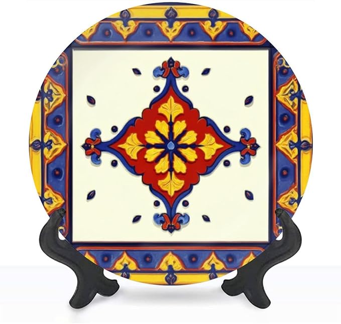 Decorative Plates for Display 10" Colorful Ornate Floral Tile Design Red Yellow Blue Accents Ceramic Ornament with Display Stand and Hook Up for Wall Decor Hanging Festival Wedding Gift