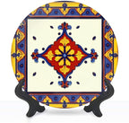 Decorative Plates for Display 8" Colorful Ornate Floral Tile Design Red Yellow Blue Accents Ceramic Ornament with Display Stand and Hook Up for Wall Decor Hanging Festival Wedding Gift