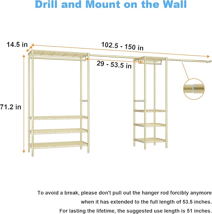 Ulif E11 Heavy-Duty Garment Rack, Metal Freestanding Clothes Rack and Closet Storage Organizer System with 8 Shelves and 4 Hanger Rods, (73.2-97.6)" W x 14.5" D x 71.2" H, Load 1034 LBS, Gold