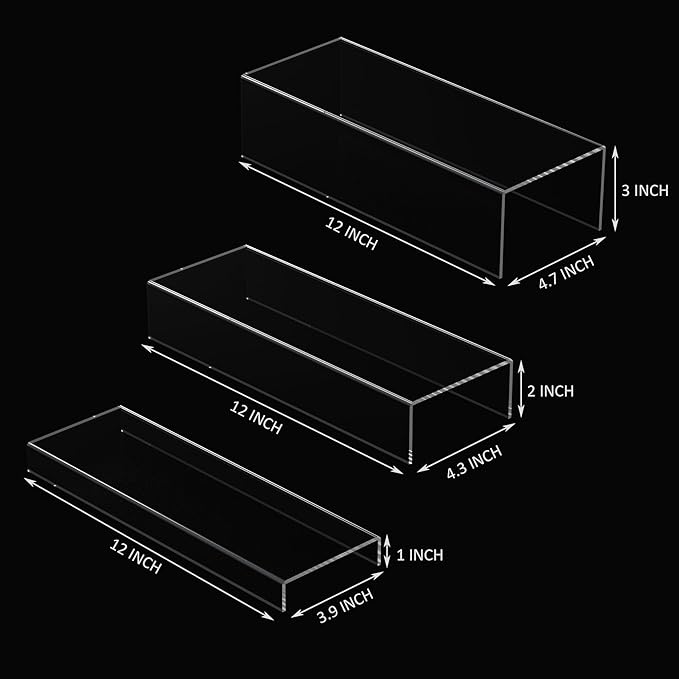 Sezanrpt Rectangular Acrylic Display Risers Stands 3pcs, Dessert Table Display Rack, Clear Display Shelf for Funko Pop, Collectibles, Retails, Shoes, Glasses, Plants, Home Decors, Perfume - 12-1'', 2'', 3''
