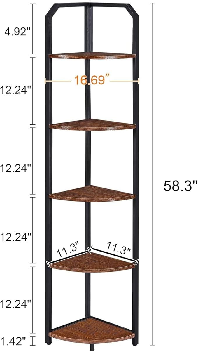 MNEETRUNG Corner Shelf, 5-Tier Industrial Corner Bookshelf, Freestanding Corner Shelf Stand with Metal Frame, Open Corner Plant Stand for Small Space, Home Office, Living Room, Bedroom, Brown