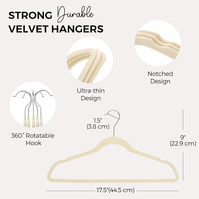 HOUSE DAY Premium Velvet Hangers 50 Pack, Non-Slip Flocked Felt Hangers, Sturdy Clothes Hangers with 360° Rotatable Hook, Heavy Duty Coat Hanger, Durable Slim Beige Hanger for Closet Space Saving