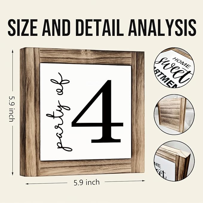 Party of 4 Signs, Family Signs Decor, Box Sign Wood Desk Sign Decor, Farmhouse Wood Decoration, Home Decor for Living Room, Party Decors Accessories, Decorative Wooden Table Signs, 5.9×5.9 inches