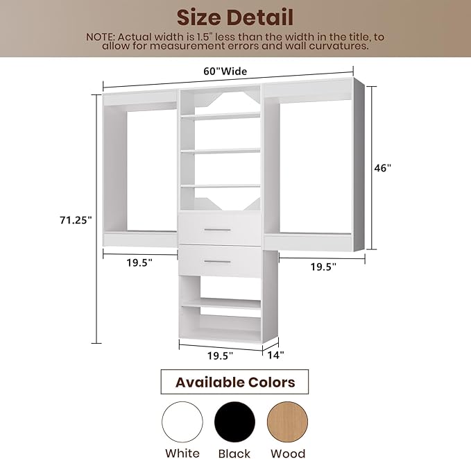 ROOMTEC Modular Closet System, 60" Wall Mounted Closet Organizer with Hanging Rods and Drawers, Wooden Tower for Walk-In Closets, Wardrobe Storage Kit, White