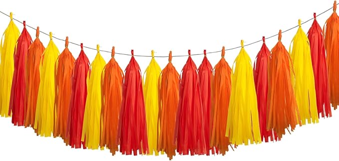 15Pcs Red Orange and Yellow Paper Tassel Garland,Tissue Tassel Banner for Thanksgiving Firefighter Party Decoration