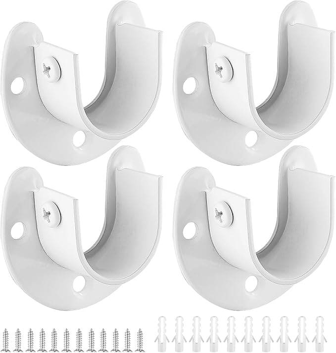 4 Packs Stainless Steel Closet Rod End Supports 1 Inch Wardrobe Bracket Heavy Duty Closet Pole Sockets Flange Rod Holder, U-Shaped with Screws, White