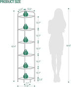 Hzuaneri Corner Shelf Stand,6-Tier Glass Bookshelf Bookcase, Bathroom Organizer, Plant Stand, Steel Frame, Tempered Glass, Modern Style for Living Room, Bathroom, Kitchen, White CS90613W