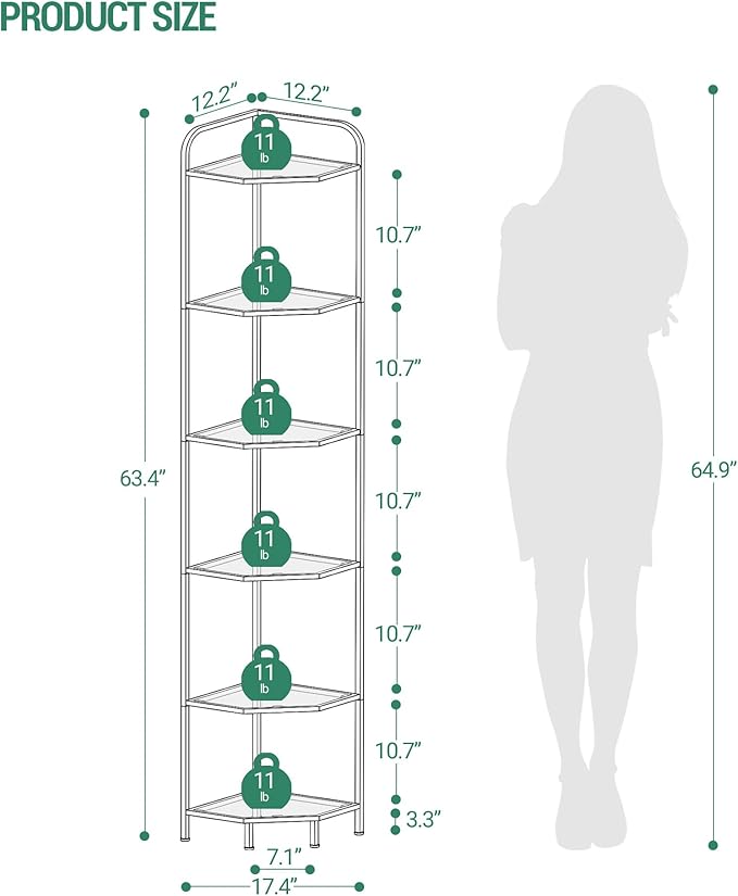 Hzuaneri Corner Shelf Stand,6-Tier Glass Bookshelf Bookcase, Bathroom Organizer, Plant Stand, Steel Frame, Tempered Glass, Modern Style for Living Room, Bathroom, Kitchen, White CS90613W