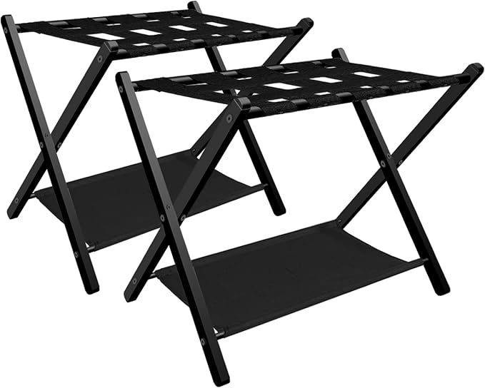 Folding Luggage Rack for Guest Room, Metal Foldable Suitcase Stand Holder with Cloth Shelf for Bedroom, Black, 2pack