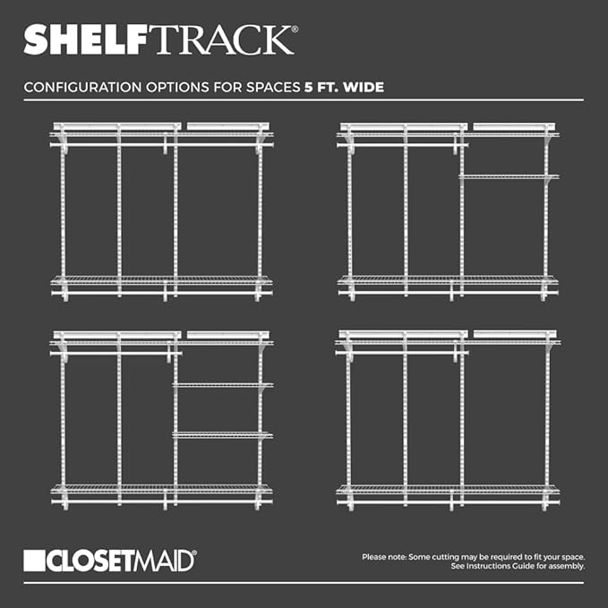 ClosetMaid ShelfTrack Wire Closet Organizer System, Adjustable from 5 to 8 Ft., With Shelves, Clothes Rods, Hardware, Durable Steel, White