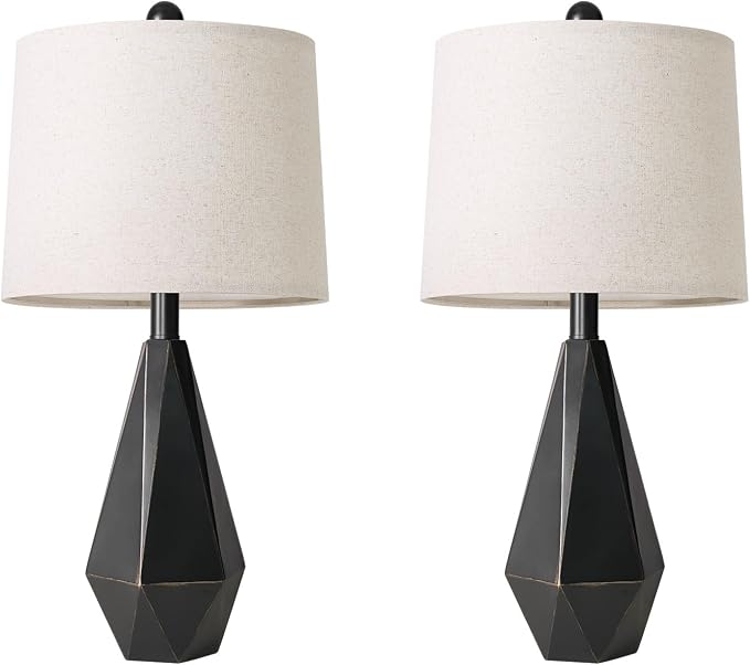 PoKat Table Lamps Set of 2 for Bedroom, 23.5'' High Farmhouse Nightstand Lamps for Living Room, Modern Bedside Lamps with Linen Shade for Office Sideboard Hallway Gift (Matte Black)