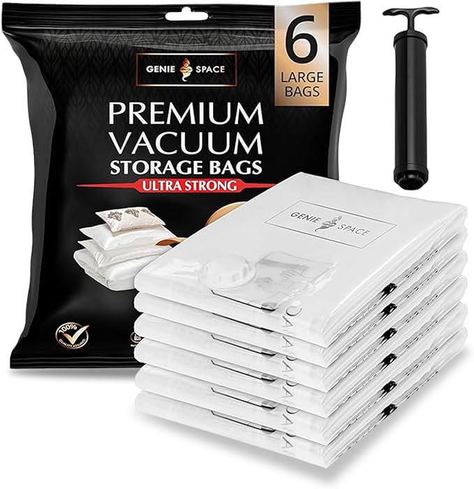 GENIE SPACE Premium Vacuum Storage Bags for Clothes, Bedding and Travel, Large Size 30x24 Inches, Airtight, Odor-Proof and Reusable Space Saver Bags with Double Zipper Seal, 6-Pack with Hand Pump
