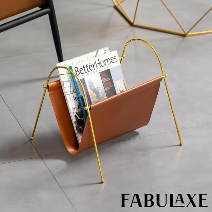 Fabulaxe 12-in Gold-Tone Metal Frame with Brown Leatherette Sling Magazine Holder for Living Rooms, Home Offices, and Waiting Areas - for Office Desk Accessories, Organizing Magazines and Newspapers
