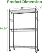 Simple Trending Heavy Duty Clothing Rack 3 Tiers Adjustable Wire Shelving Clothes Rack with Double Rods and Side Hooks, Freestanding Wardrobe Storage Rack Metal Garment Rack, Black