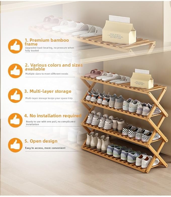 Bamboo Shoe Rack Organizer, 2-10 Tiers, Natural or Tea Color, No-Tool Assembly, Foldable Storage Shelf (Gem Green 4-Storey 100)