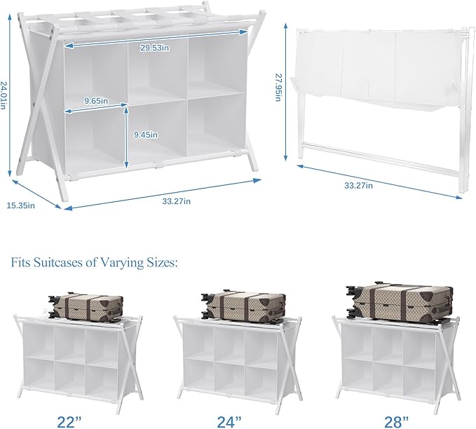 Luggage Rack for Guest Room, Folding Suitcase Stand with 6-Cube Fabric Storage Shelf, Luggage Holder, Steel Foldable Luggage Stand for Guest Room, Bedroom, Hotel, White