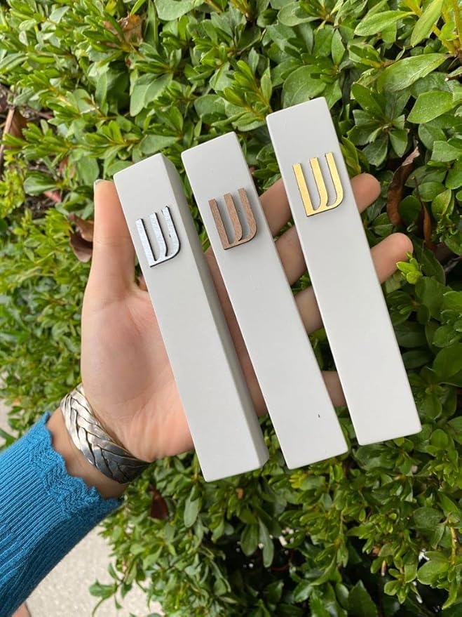 A&S Mezuzot Modern Concrete Mezuzah Case with Scroll, Easy Peel and Stick Mezuza (Grey+ Gold Shin, 9 Inches)