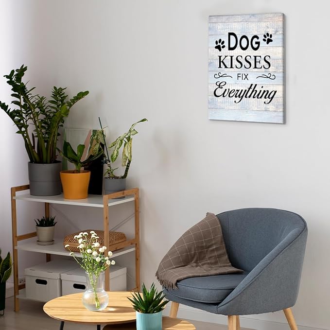 Funny Farmhouse Dog Canvas Wall Art Decor Dog Kisses Fix Everything Rustic Sign Painting Plaque Vintage Animal Pictures Print Home Decoration (8 X 10 Inches, Framed)