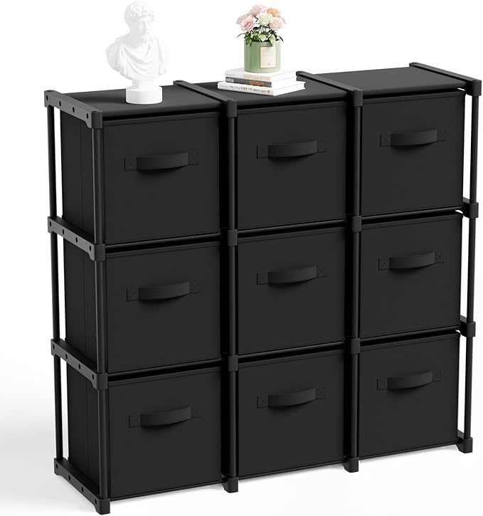 9 Cube Storage Organizer with Shelf Back to School Boxes 11 Inch Toy Storage Bins Closet Organizers Drawers Fabric Dresser for Playroom Books Bedroom Dorm Kitchen (Black)
