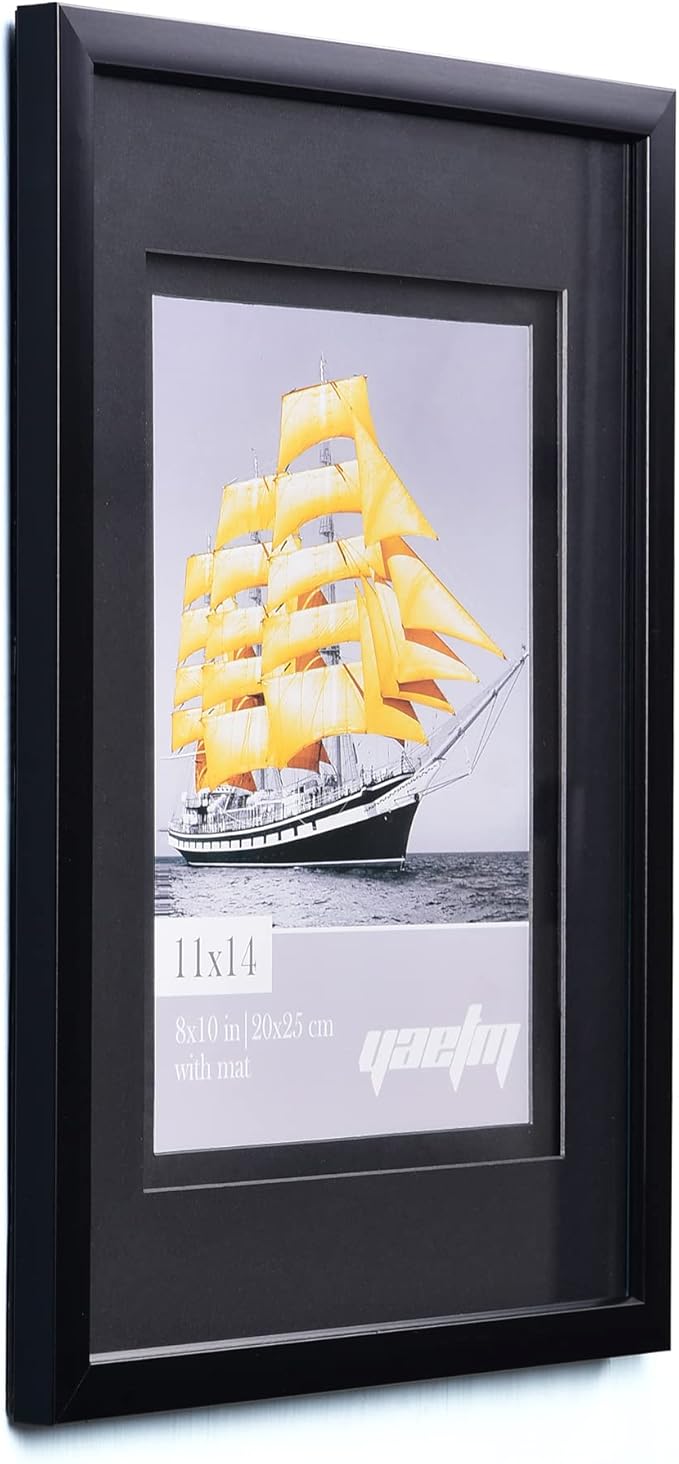 Yaetm 11x14 Double Floating Mat Picture Frame Set of 2, Display Picture 8x10 with Black Double Mat, Polished High Definition Real Glass, Wall Mounting Photo Frames, Black
