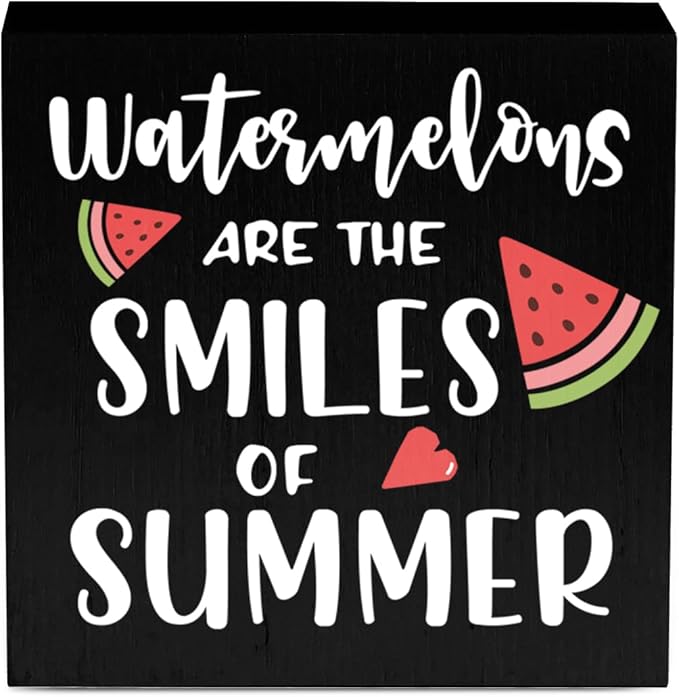 IYEZH Summer Decor Watermelon Wood Box Sign 5 x 5 Inches Desk Decor Rustic Country Wooden Square Sign Decor Watermelon Summer Decorations for Home Beach House Outdoor Shelf Wall Farmhouse Table Shelf