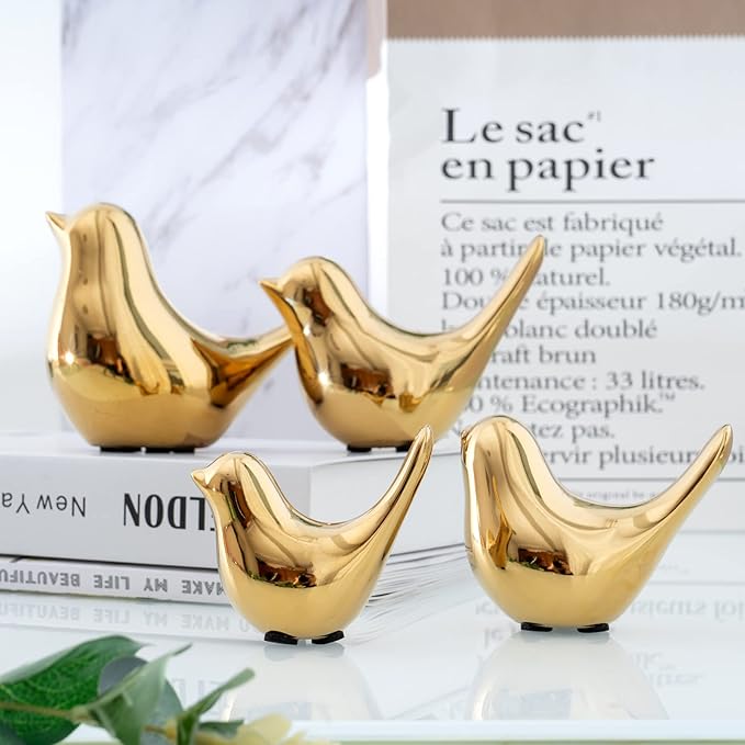 Notakia Small Birds Statues Home Decor Modern Style Decorative Ornaments for Living Room, Bedroom, Office Desktop, Cabinets (4Pcs Gold Birds)