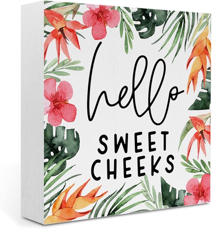 Hello Sweet Cheeks Bathroom Decor Summer Bathroom Decor Flower Summer Decorations Wooden Box Sign for Home Office Farmhouse Table Shelf