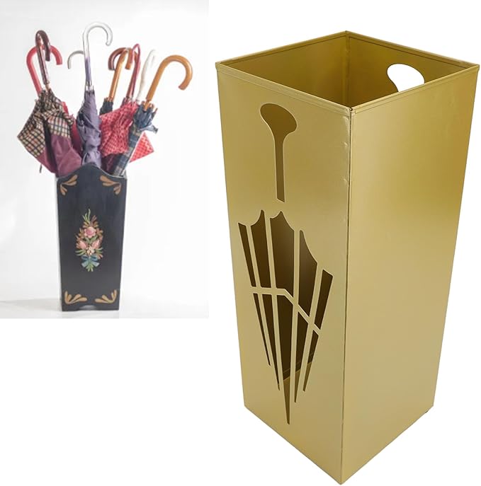 Square Metal Umbrella Holder, Umbrella Stand Rack for Entryway with Hollow Pattern, Fast Drying Rack Holder for Office and Entryway (Gold)