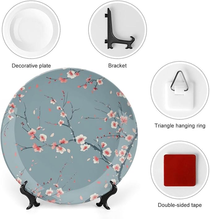 Japanese Spring Theme Decorative Ceramic Plate Round Porcelain Plate,Sakura Tree Branches Pattern,for Decorative Ornaments Giving Plates, 1 Plate with 1 Display Stand,Blue Pink,7 inch