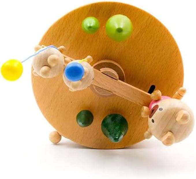 Natural Solid Wood Handcrafted Beech Wooden, Musical FigureTotoro/Carousel/Fairy/Ballerina Figurine,Rotating Hand Crank Mechanism Music Box,Musical Decorations (Seesaw)