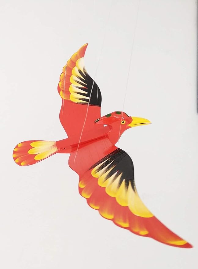 WitnyStore Wooden Bird Mobile 24" Red Hoopoe Woodpecker Hand Made Painted Wood Flapping Wing Birds Hanging Ceiling Decor Wind Chimes Handcrafted Art Animal Decorative Collectible Décor Gifts Souvenirs